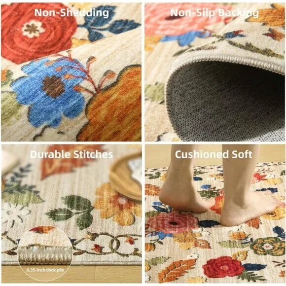 New 5x7 Floral Vintage Rug, Washable Non-Slip Soft Carpet for Any Room - Picture 4 of 6